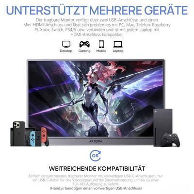 Ein tragbarer Monitor, der einen Fantasy-Spielcharakter zeigt; verbindet sich mit PCs, Macs, Konsolen und Laptops über USB-C und Mini-HDMI; kompatibel mit verschiedenen Geräten.