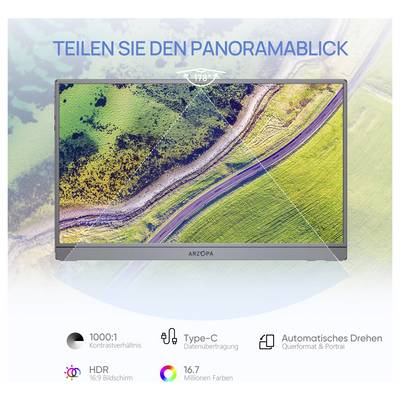 Ein Monitor, der eine Luftaufnahme einer Straße durch Felder zeigt. Text auf Deutsch liest: 'Teilen Sie den Panoramablick'. Icons zeigen Funktionen wie 1000:1 Kontrastverhältnis und Type-C-Konnektivität.