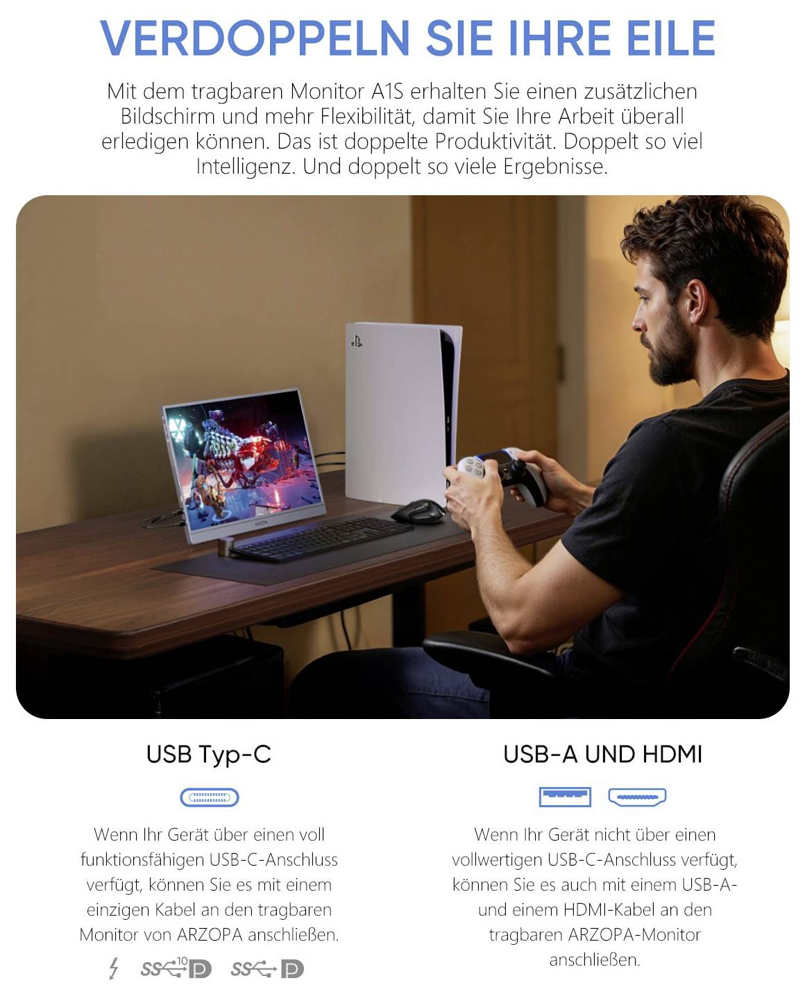 Eine Person sitzt an einem Schreibtisch und verwendet einen tragbaren Monitor, der mit einem Laptop und einer Konsole verbunden ist. Der Text hebt Konnektivitäts- und Produktivitätsmerkmale hervor.