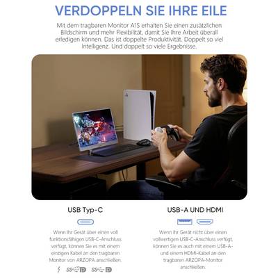 Eine Person sitzt an einem Schreibtisch und verwendet einen tragbaren Monitor, der mit einem Laptop und einer Konsole verbunden ist. Der Text hebt Konnektivitäts- und Produktivitätsmerkmale hervor.