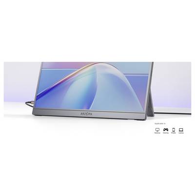 Ein schlanker ARZOPA Portablemonitor, der einen bunten Bildschirm zeigt und von einem Ständer gestützt wird. Icons unten deuten Anwendungen für Desktop, Gaming, Mobile und Laptop an.