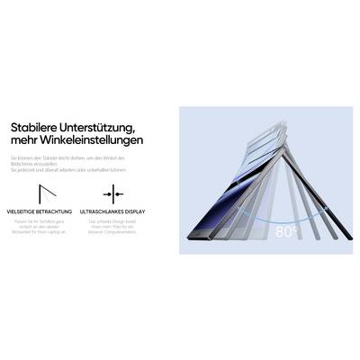 'Stabile Unterstützung, mehr Winkeleinstellungen' präsentiert ein Tablet mit verstellbaren Ständereinstellungen und veranschaulicht Vielseitigkeit und ultraflaches Design.