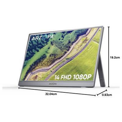Tragbarer Monitor, der eine lebendige Luftlandschaft zeigt, mit dem Text '14 FHD 1080P'. Abmessungen: 32,04 cm Breite, 19,2 cm Höhe, 0,93 cm Tiefe.