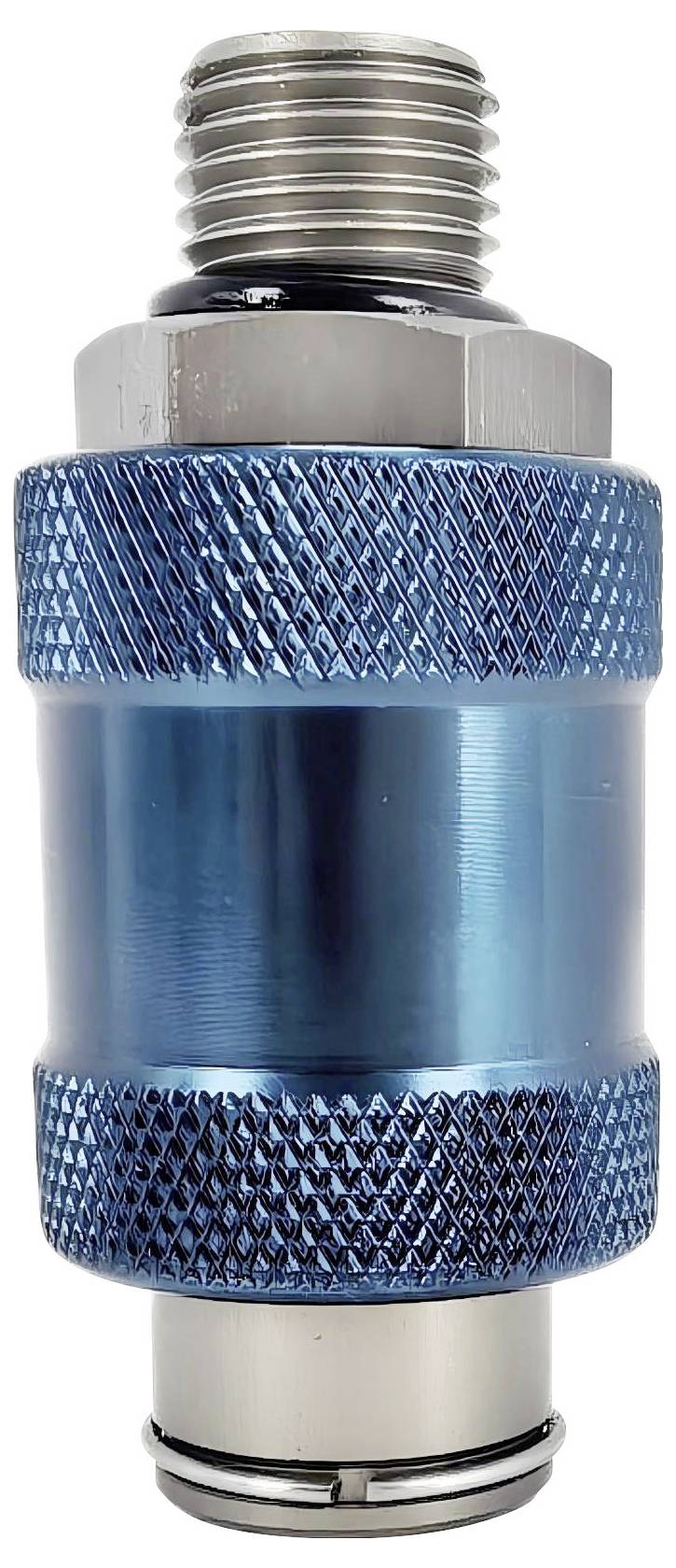 Eine blaue metallische Industrialkupplung mit strukturiertem Griff, silbernen Gewindeanschlüssen, wird zum Verbinden von Rohren oder Schläuchen in Maschinensystemen verwendet.
