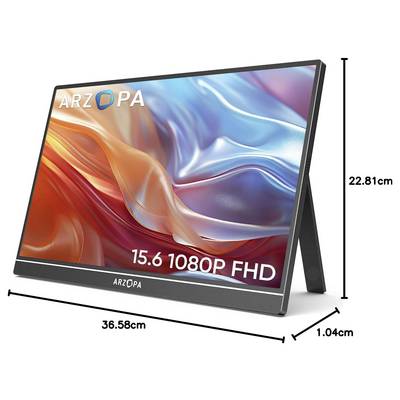 Ein tragbarer Monitor mit einem 15,6-Zoll-1080p-Full-HD-Display. Er verfügt über einen Ständer und hat Abmessungen von 36,58 cm x 22,81 cm x 1,04 cm.