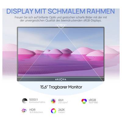 Ein tragbarer 15,6-Zoll-Monitor mit schmalen Bildrändern, einem Kontrastverhältnis von 1000:1, einer Farbtiefe von 6 Bit und einer sRGB-Auflösung von 1920x1080 für scharfe Bilder.