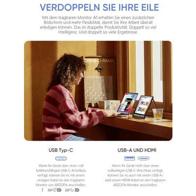 Eine Person verwendet einen ARZOPA-Monitor mit einem Laptop in einem Café und veranschaulicht die Flexibilität des Dual-Screen-Setups. Ausgestattet mit USB Typ-C, USB-A und HDMI.