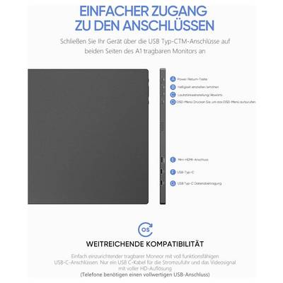 'Einfacher Zugang zu den Anschlüssen' zeigt eine Seitenansicht eines Monitors mit beschrifteten Anschlüssen: Stromversorgung, HDMI, USB Typ-C und Kopfhörer.