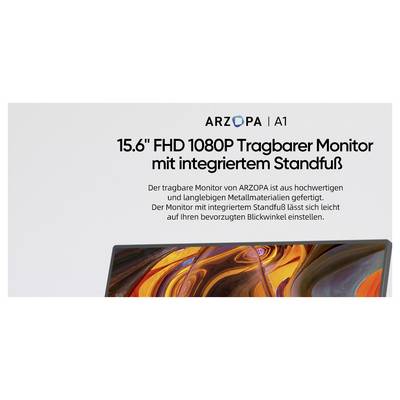 "Arzopa A1 15,6" FHD 1080P tragbarer Monitor mit integriertem Ständer. Aus hochwertiges Metall gefertigt, verstellbar für bevorzugten Sichtwinkel."