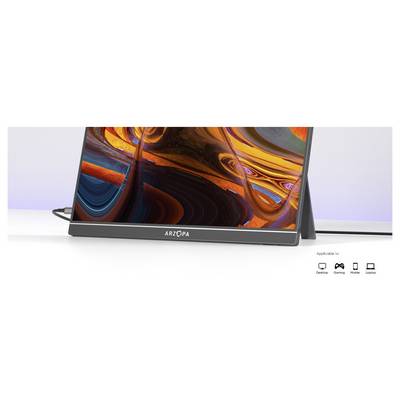 Ein tragbarer Monitor mit einer lebendigen abstrakten Anzeige steht auf einer weißen Oberfläche und zeigt wirbelnde Orange- und Violetttöne.