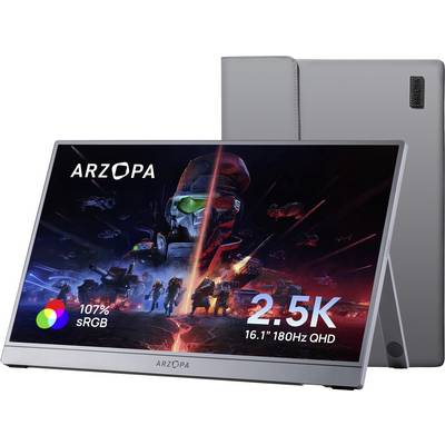 ARZOPA tragbarer Monitor mit einem 16,1-Zoll-2,5K-QHD-Display, 180 Hz Bildwiederholrate, 107% sRGB-Farbgamut, auf dem eine Science-Fiction-Grafik zu sehen ist.