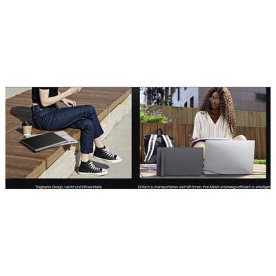 Linke Seite: Person sitzt mit Laptop und Kaffeetasse. Rechte Seite: Person studiert im Freien mit aufgeschlagenem Notizbuch und Laptop.