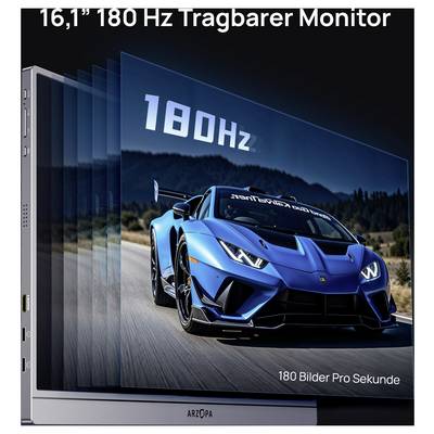 16,1" 180 Hz Tragbarer Monitor, der ein Auto zeigt, das auf einer Straße fährt und durch verwischte Bilder die hohe Bildwiederholrate verdeutlicht.