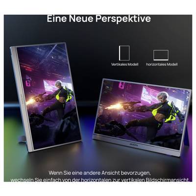 Zwei Monitore, die eine Science-Fiction-Spielszene mit einer Figur zeigen, die Waffen hält. Ein Monitor ist vertikal, der andere horizontal. Text liest sich: 'Eine Neue Perspektive'.