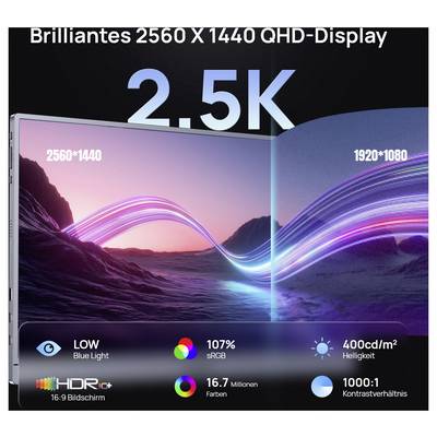 Brillantes 2560 X 1440 QHD-Display über einem Bildschirm mit lebendigen Farben und Spezifikationen: 2,5K, blaulichtreduziert, 107% sRGB, HDR, 16,7 Millionen Farben.