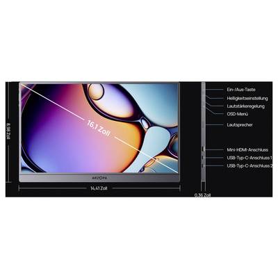Tragbarer 16,1-Zoll ARZOPA-Monitor mit farbenfrohem Bildschirm. Abmessungen sind 14,41 Zoll breit, 8,89 Zoll hoch und 0,36 Zoll dick. Enthält Energie-, Einstellungs-, Lautstärke-, Menü-Tasten, Lautsprecher, Mini-HDMI und USB-C-Anschlüsse.