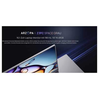 Das Bild zeigt eine Werbeanzeige für den 'ARZOPO Z3FC SPACE GRAU', einen 16,1-Zoll-Laptop-Monitor mit 180 Hz und 107% sRGB-Abdeckung.