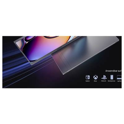 Ein schlanker, futuristischer Laptop, teilweise geöffnet, mit lebendigen, farbenfrohen Bildschirmgrafiken. Icons darunter deuten auf Kompatibilität mit Switch, Xbox, PS4/5, Smartphone und Laptop hin.