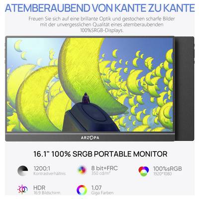 Tragbarer 16,1 Zoll Monitor mit 100% sRGB, 1200:1 Kontrast, HDR, 1,07 Milliarden Farben, mit lebendiger Grafik im Hintergrund.