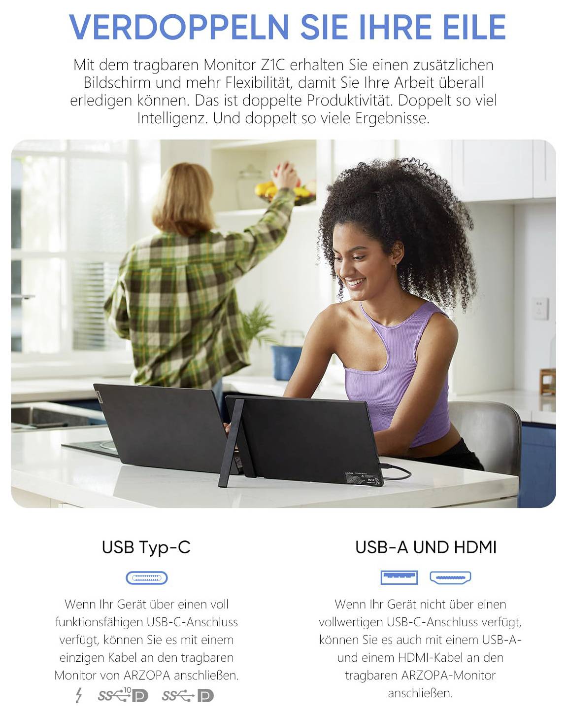 Eine Frau nutzt einen tragbaren Monitor, der mit einem Laptop auf einem Tisch verbunden ist. Text sagt: "Verdoppeln Sie Ihre Eile", um die Produktivitätsvorteile zu betonen.