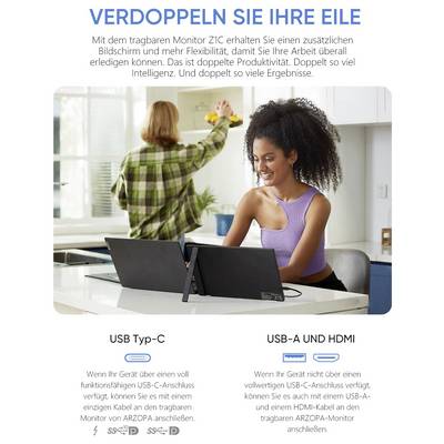 Eine Frau nutzt einen tragbaren Monitor, der mit einem Laptop auf einem Tisch verbunden ist. Text sagt: "Verdoppeln Sie Ihre Eile", um die Produktivitätsvorteile zu betonen.