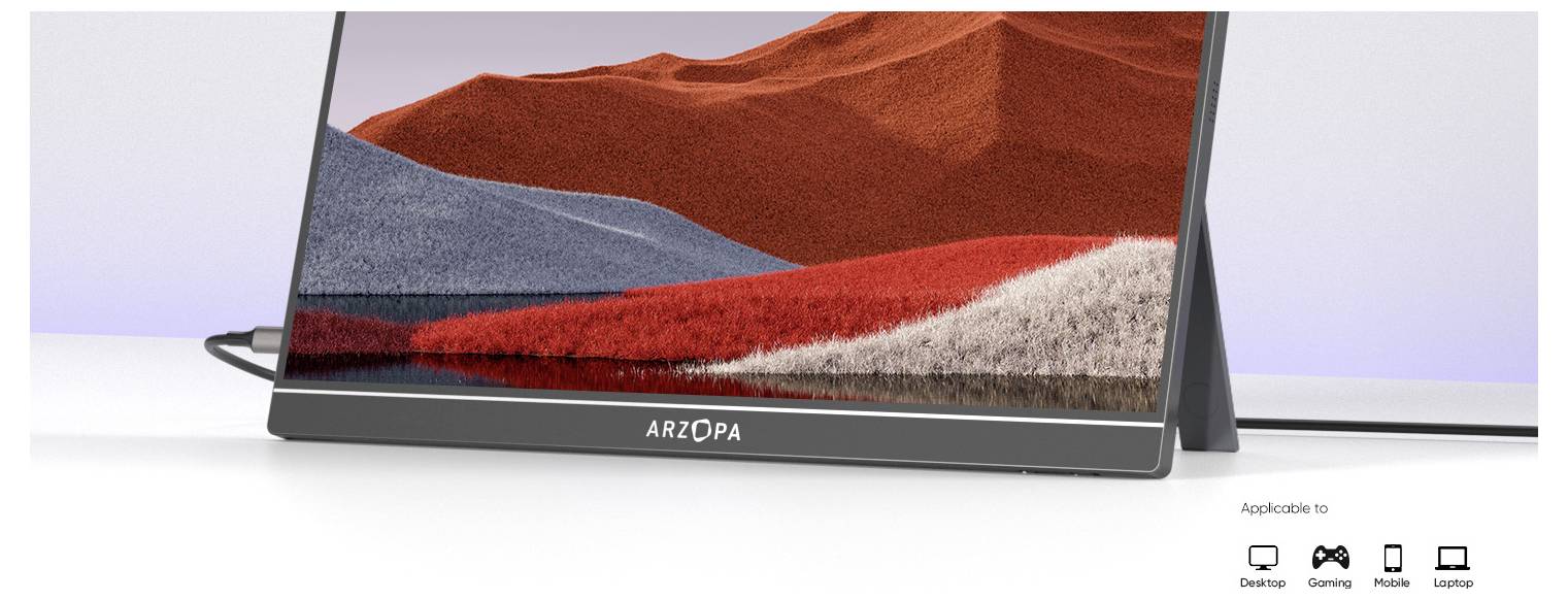 Ein tragbarer Monitor, der eine lebendige Landschaft mit roten und grauen Bergen zeigt. Symbole verdeutlichen die Kompatibilität mit Desktop, Gaming, mobilen Geräten und Laptops.