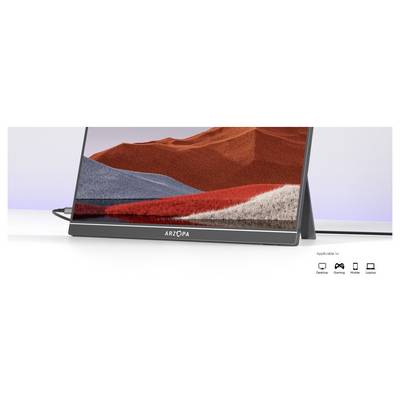 Ein tragbarer Monitor, der eine lebendige Landschaft mit roten und grauen Bergen zeigt. Symbole verdeutlichen die Kompatibilität mit Desktop, Gaming, mobilen Geräten und Laptops.