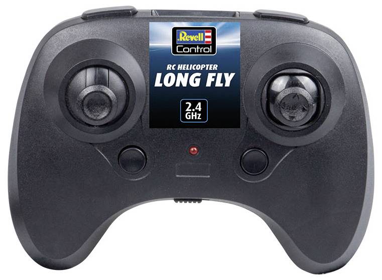 Schwarzer RC-Hubschrauber mit Fernbedienung, beschriftet mit "Revell Control LONG FLY 2.4 GHz", ausgestattet mit zwei Steuerknüppeln und zusätzlichen Steuertasten.