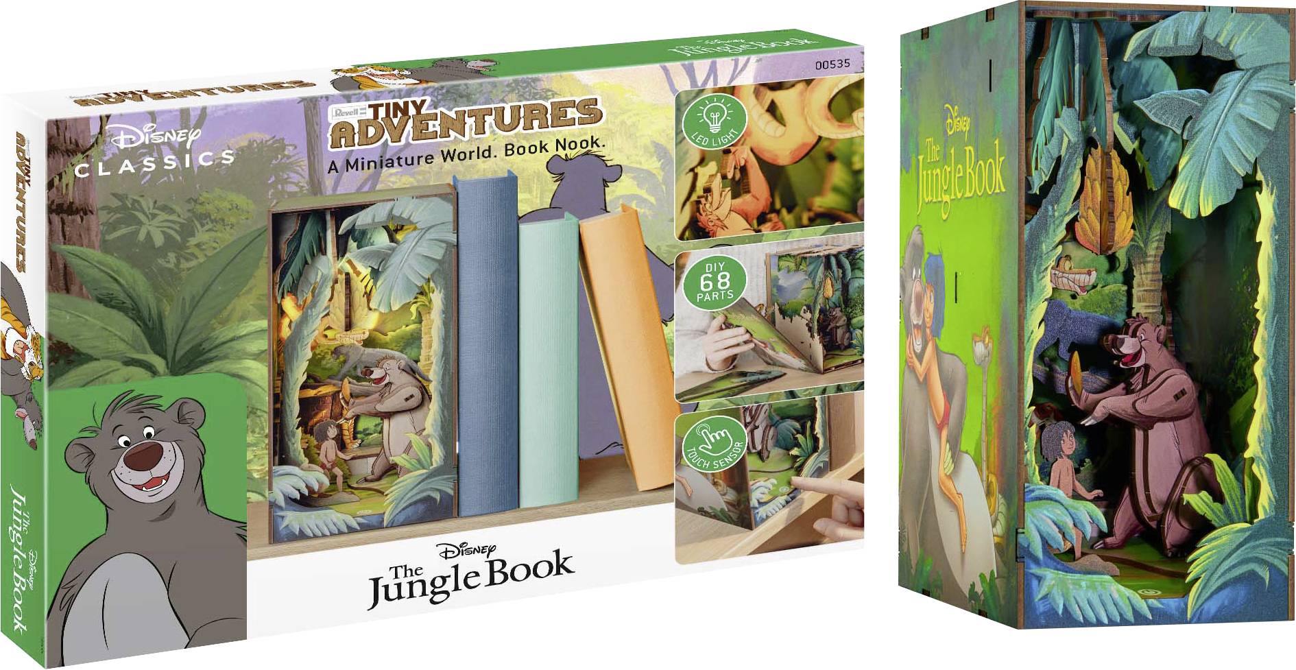 "Disney Kleine Abenteuer: Das Dschungelbuch" Buch-Nook-Set, das Miniatursszenen und Charaktere aus der Geschichte enthält. Umfasst 68 Teile.