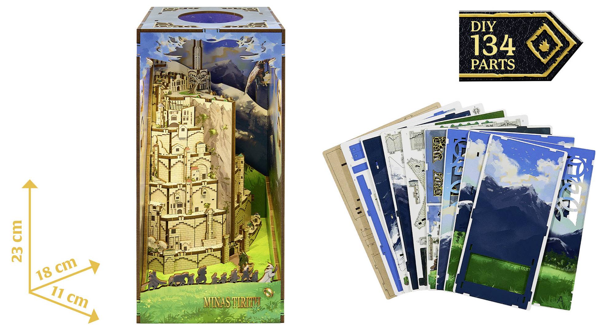 Bausatz "DIY 134 Teile" von Minas Tirith, mit detaillierter Montage in einer Verpackung von 23 cm x 18 cm x 11 cm, inklusive dargestellter Bastelmaterialien.