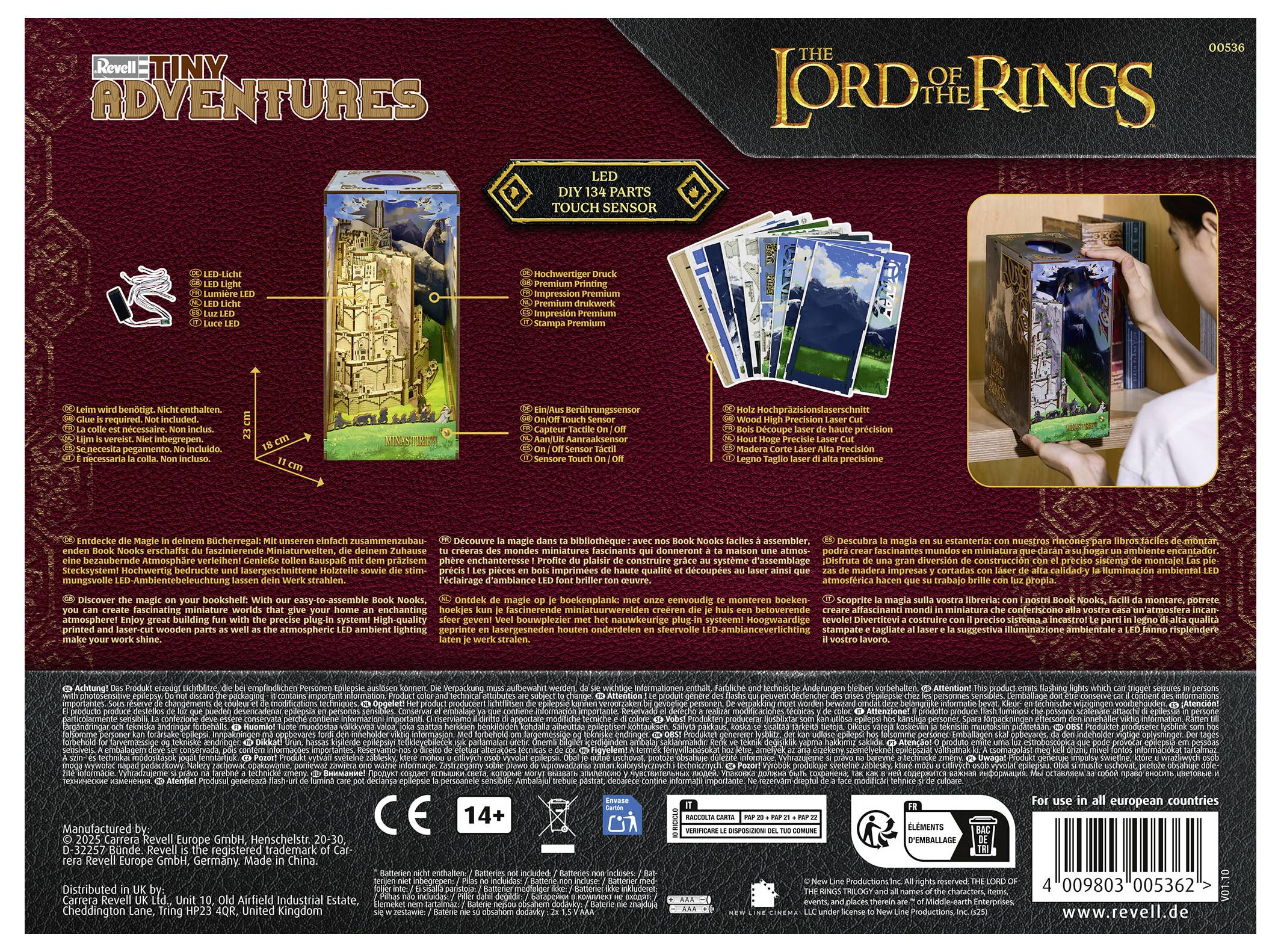 Die Verpackung von 'Der Herr der Ringe: Winzige Abenteuer' enthält ein LED-Spielzeug mit sechs Berührungssensorbereichen, sammelbare Karten sowie detaillierte Produktinformationen zur Montage und Nutzung.