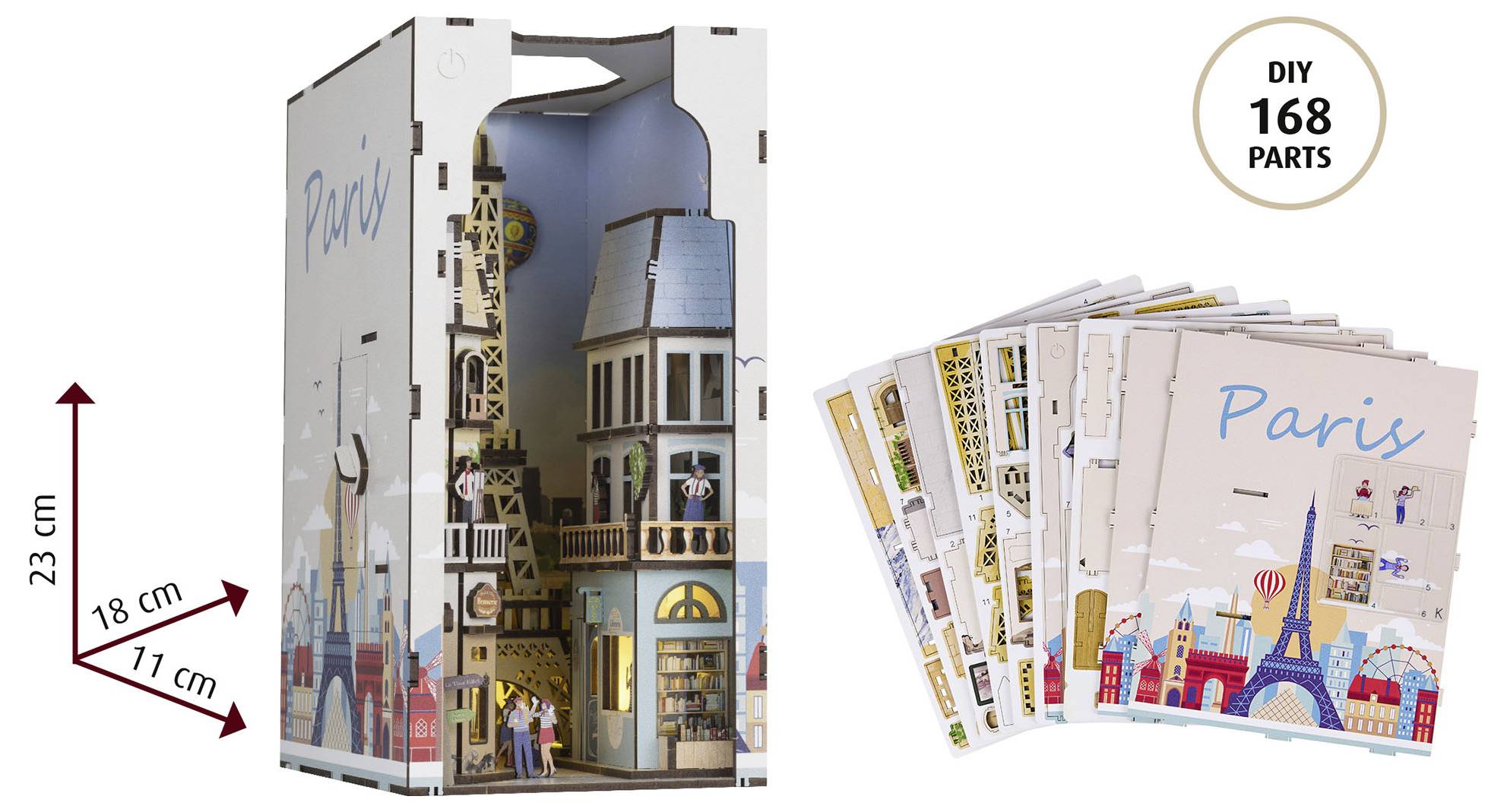 DIY 168 Teile: Paris Modellbausatz mit Eiffelturm und Gebäuden. Verpackungsabmessungen: 23 cm x 18 cm x 11 cm. Montageanleitung enthalten.