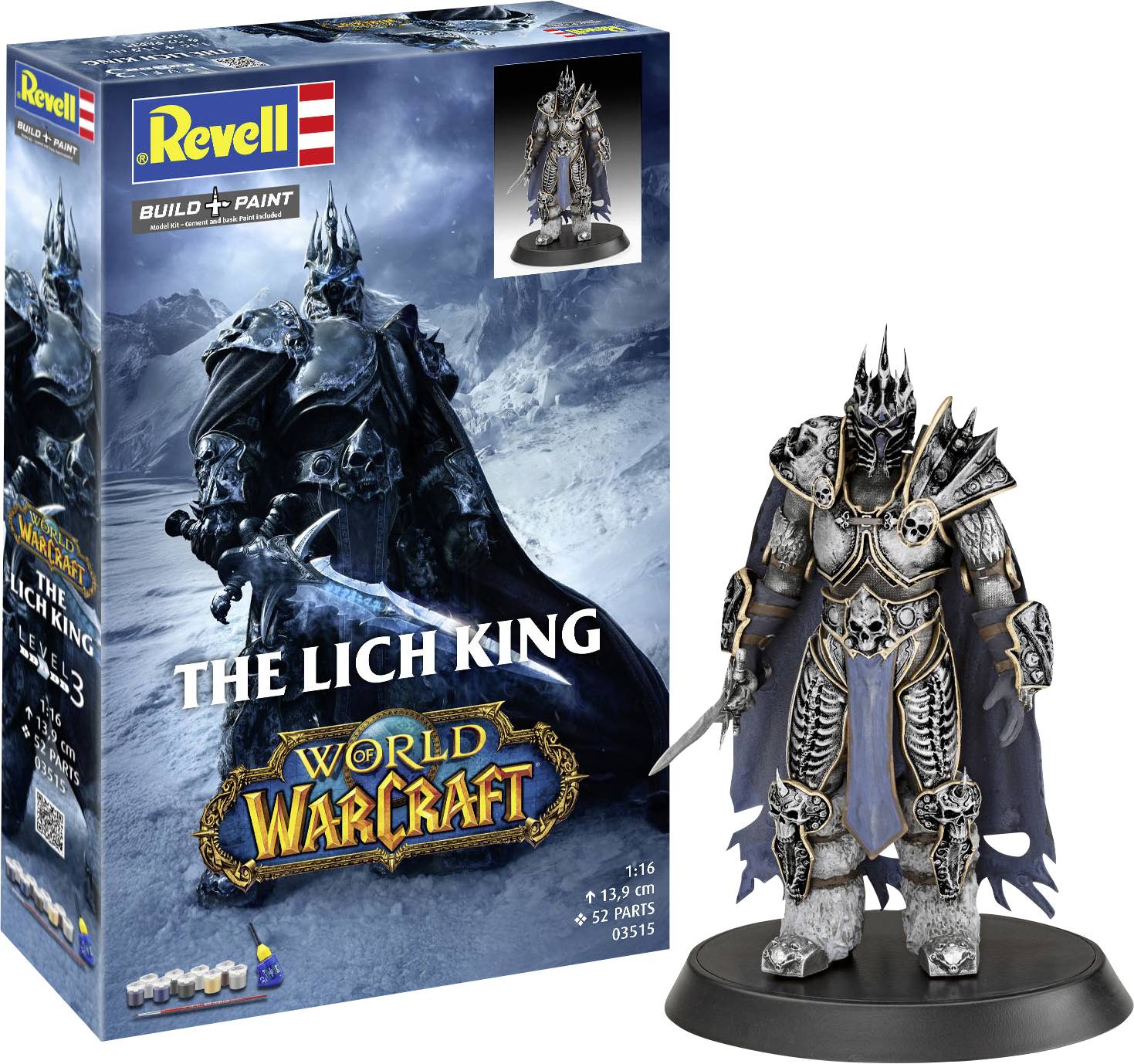"World of Warcraft Der Lichkönig" Modellbausatz-Box mit detaillierter Figur, Schwert und Rüstung, mit Aufschrift "Bauen & Bemalen", 52 Teile.