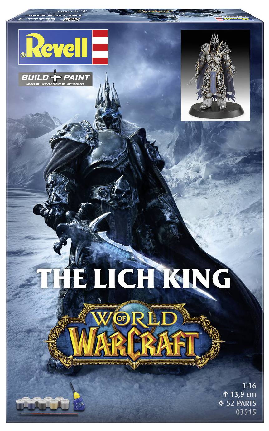 Box für ein Revell-Bau- und Malmodell von 'Der Lichkönig' aus 'World of Warcraft', mit der Figur in eisiger Rüstung und Schwert.