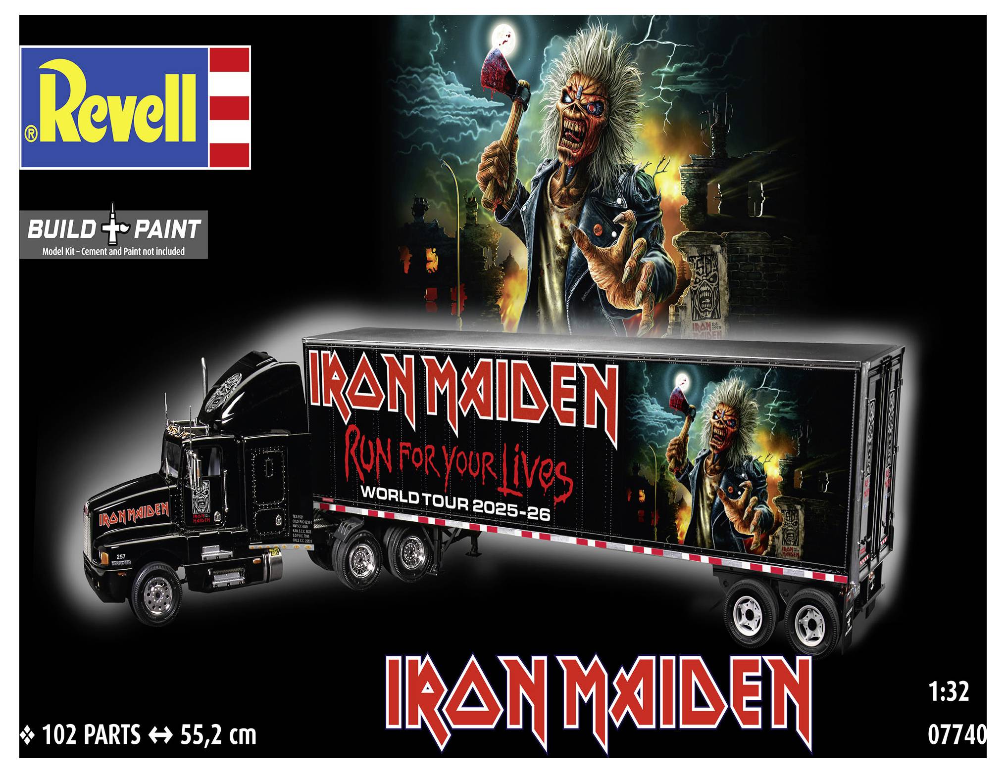 Eine Modellbausatz-Schachtel mit einem Iron Maiden-Themen-Truck, beschriftet mit 'Run for Your Lives' und der Welttournee 2025-26, inklusive einer Illustration des Band-Maskottchens.
