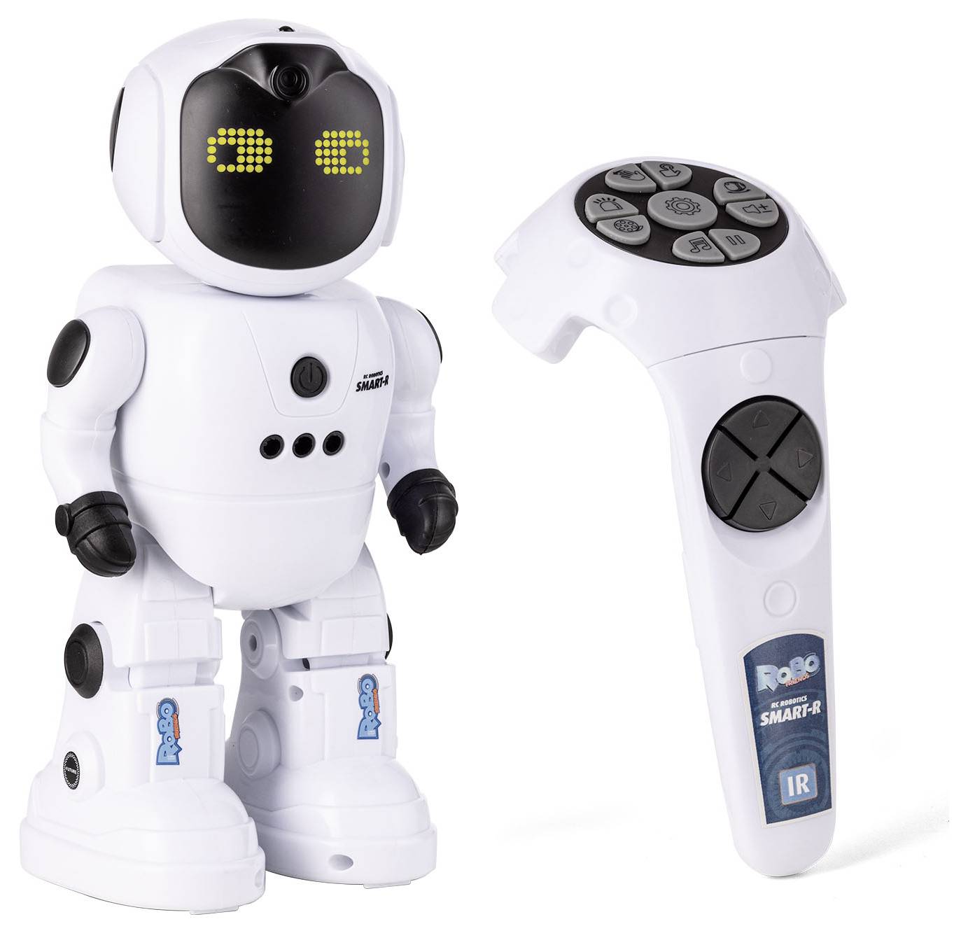 Ein kleiner weißer Roboter mit schwarzen Details und einem pixeligen Gesicht steht neben einer weißen Fernbedienung mit mehreren Tasten.