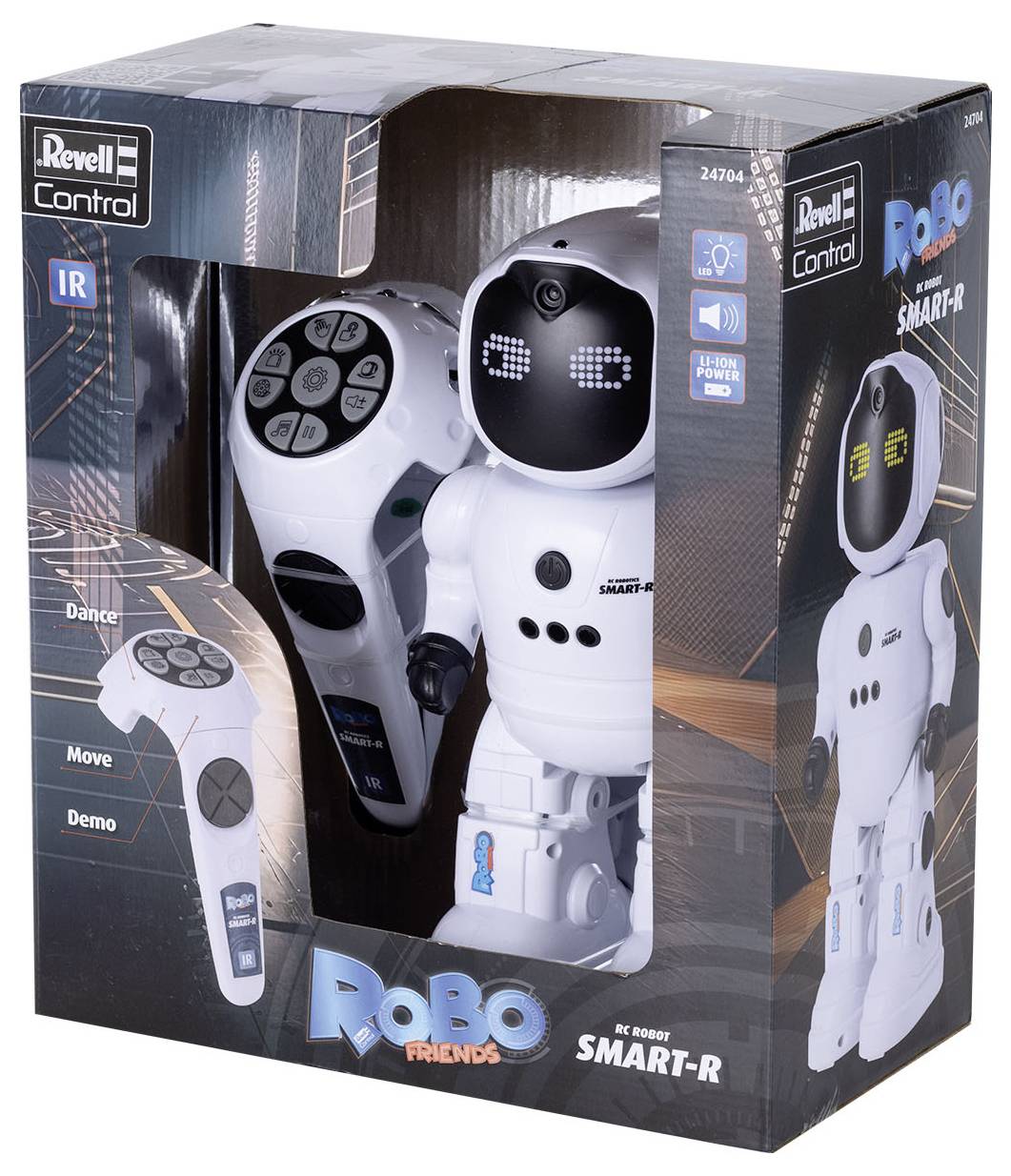 "Smart-R RC Roboter" Spielzeugverpackung, die einen humanoiden Roboter mit einer Fernbedienung zeigt. Funktionen umfassen Tanz-, Bewegungs- und Demonstrationsmodus.