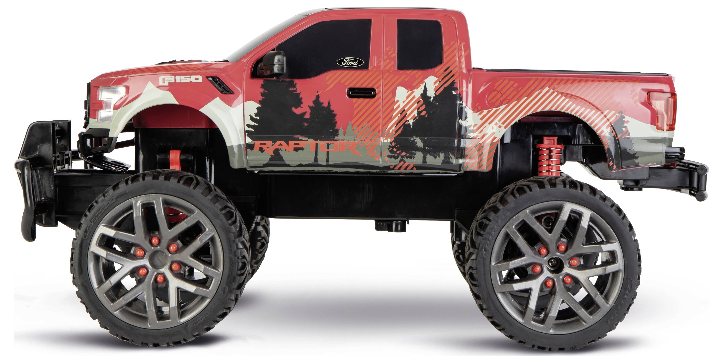 Ein roter ferngesteuerter Monstertruck mit großen Reifen, robustem Design und einem schwarz-roten waldthematischen Karosseriemuster.