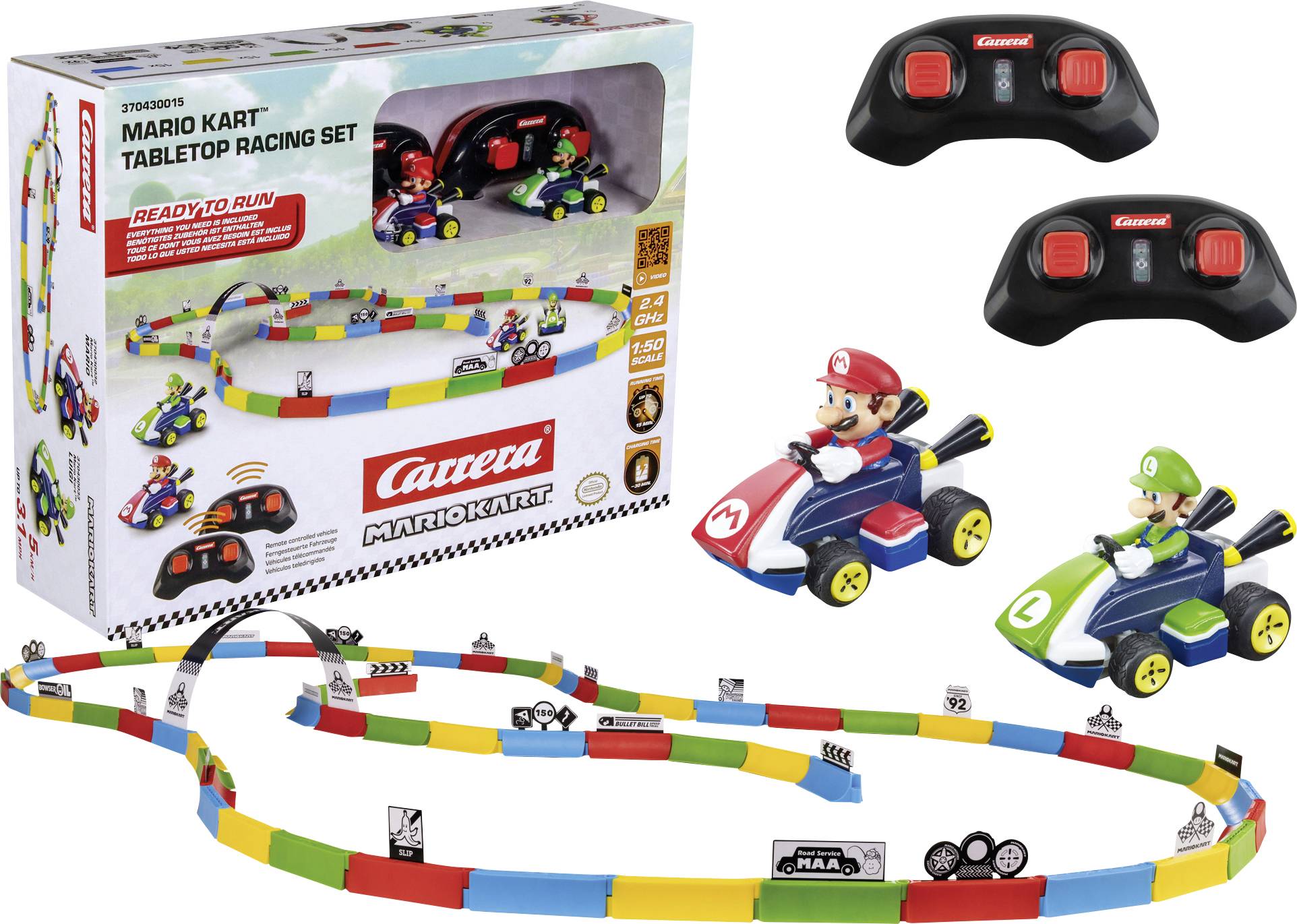 Carrera Mario Kart Tischrennen-Set mit zwei kleinen Autos von Mario und Luigi, inklusive Controllern und einer bunten Rennstrecke.