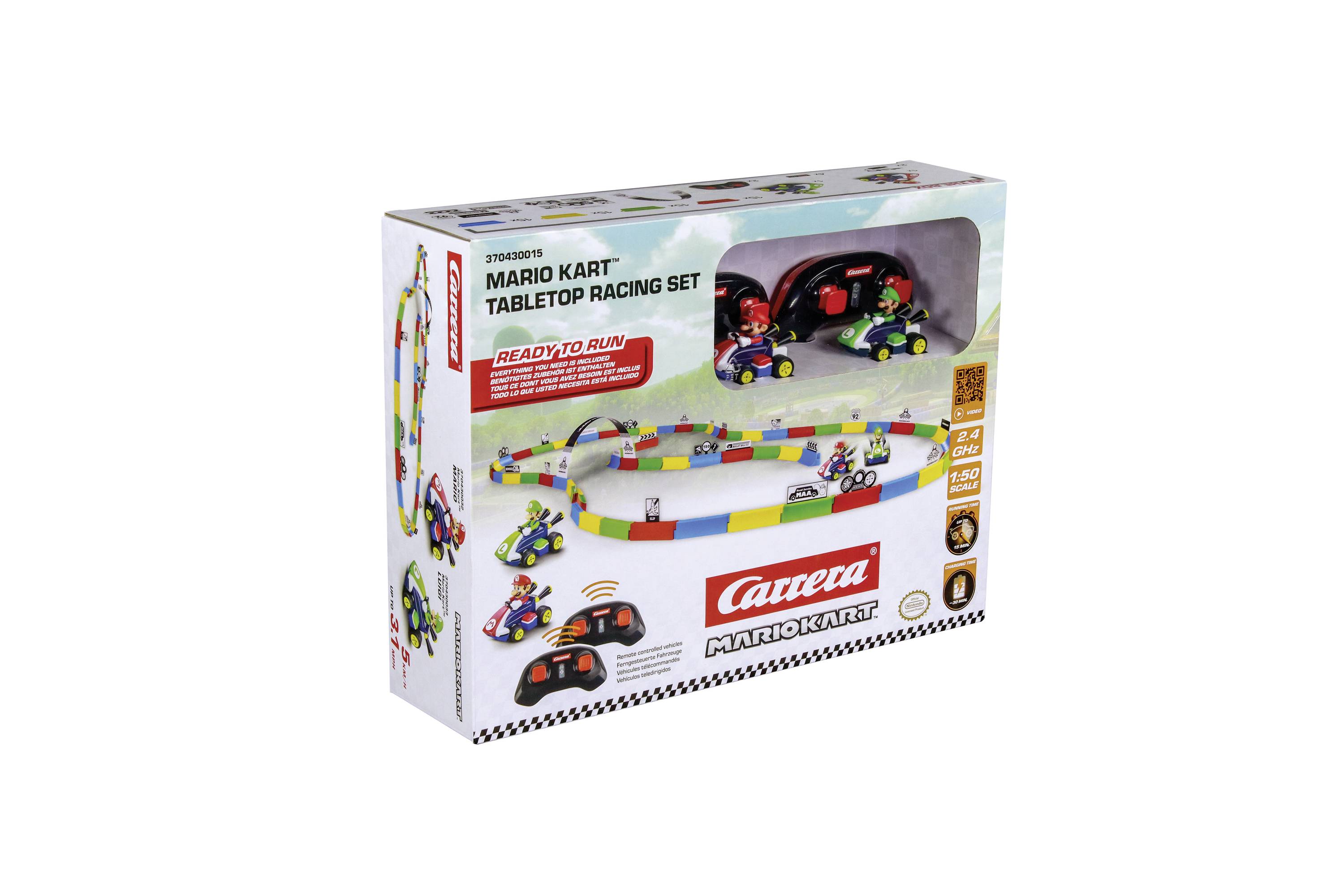 "Mario Kart Tischrennen Set" Verpackung mit Autos, Rennstreckenlayout und Produktdetails wie "Sofort spielbereit" und Altersempfehlungen.