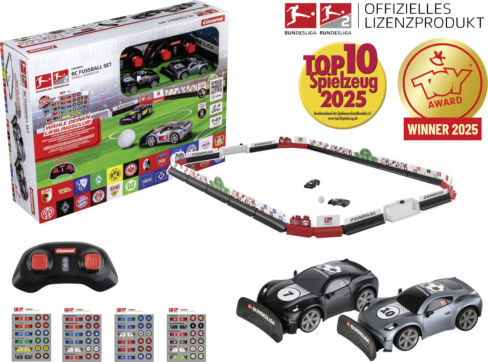 Bundesliga RC-Fußball-Set' beinhaltet ferngesteuerte Autos, eine Arena und Anzeigetafeln. Wurde als bestes Spielzeug des Jahres 2025 ausgezeichnet.