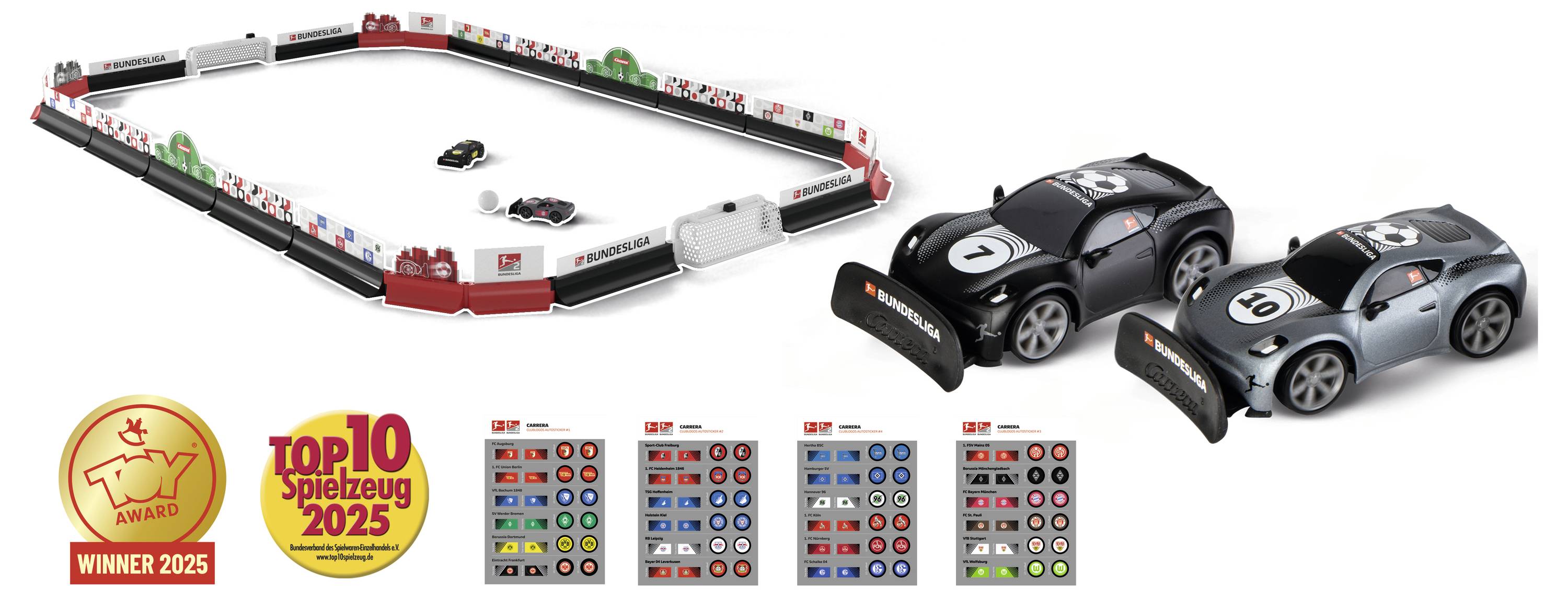 Ein Rennspiel-Set mit zwei schwarzen Spielzeugautos, austauschbaren Rädern und Gewinner-Abzeichen mit den Aufschriften "Top 10 Spielzeug 2025" und "TJP Award".