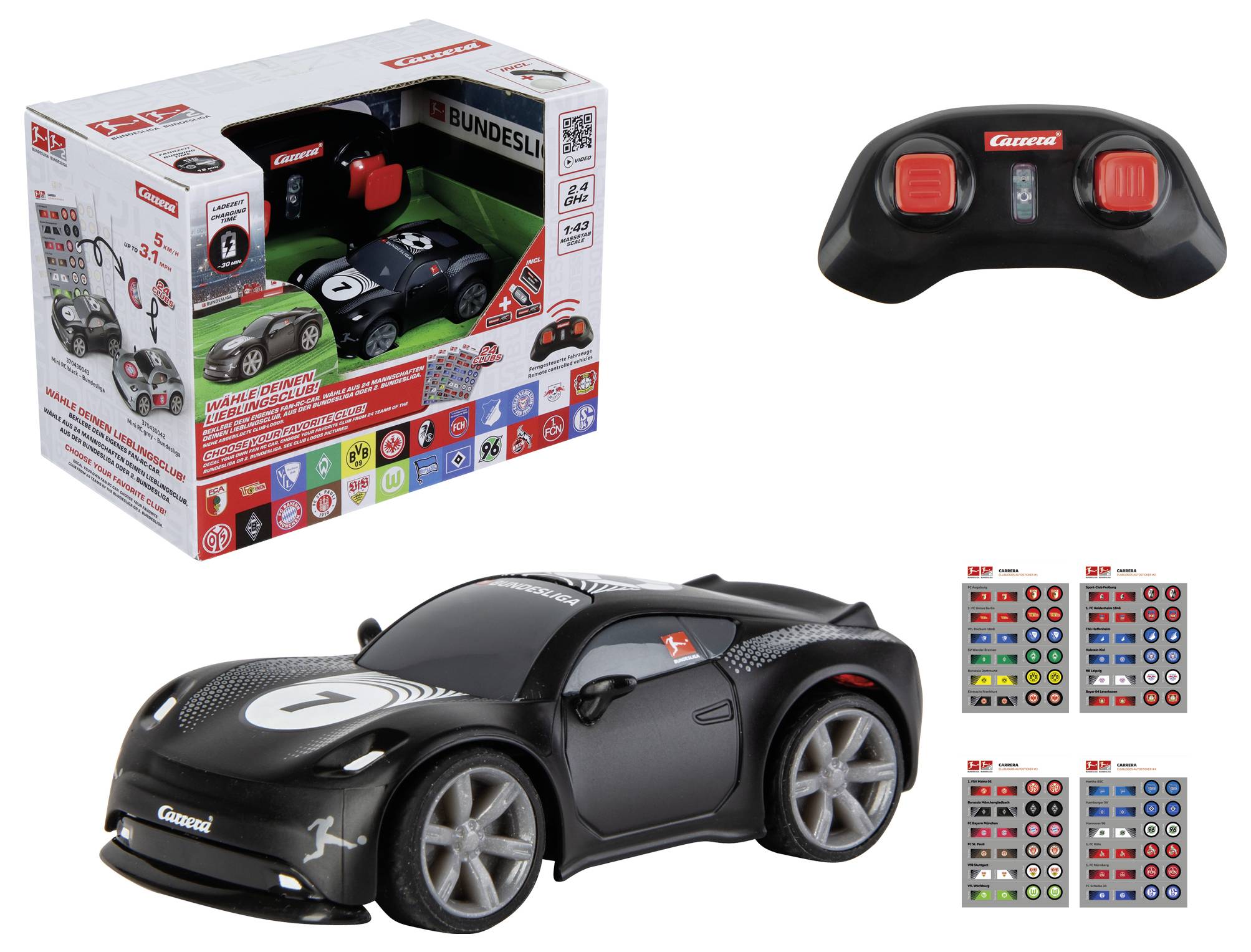 Carrera-Spielzeugauto-Set inklusive Aufklebern von 24 Clubs, spielbereit mit wiederaufladbarer Batterie, Batterien und Ladegerät.