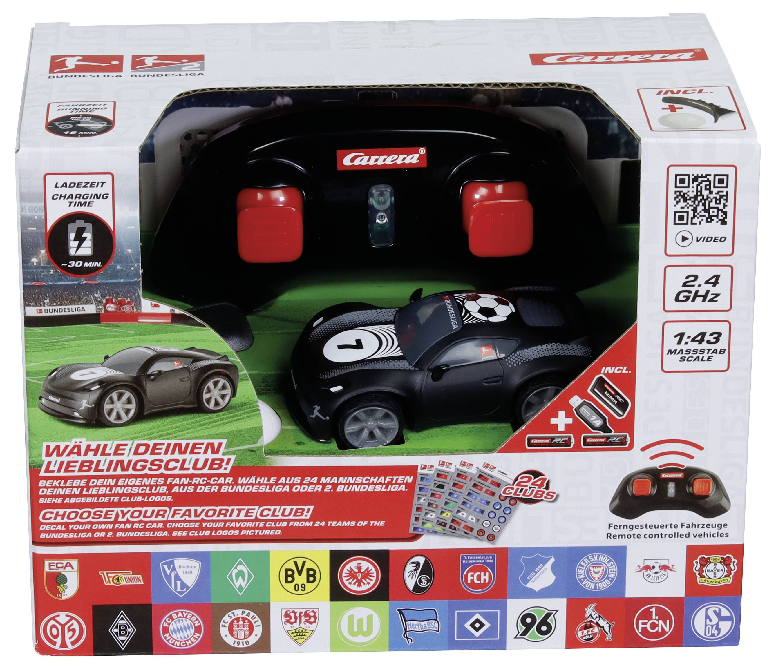 "Carrera Go!!!" Ferngesteuertes Auto mit Fußball-Thema, Verpackung zeigt Fahrzeug, Fernbedienung, Ladezeit von 30 Minuten. Inklusive Vereinslogos.