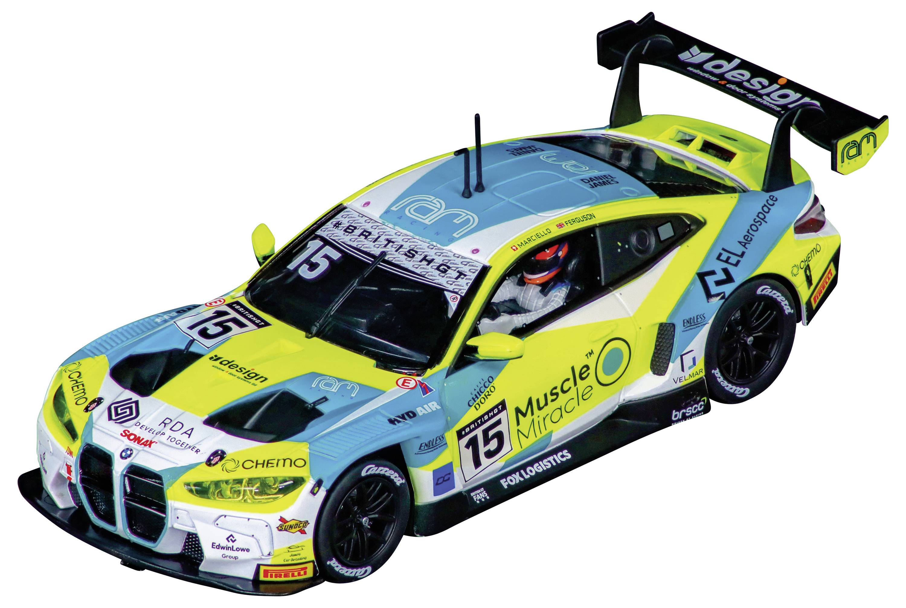 Ein hellglänzendes Rennfahrzeug mit der Nummer 15 und bunten Sponsorenlogos, das ein schlankes aerodynamisches Design und einen markanten Spoiler auf weißem Hintergrund aufweist.