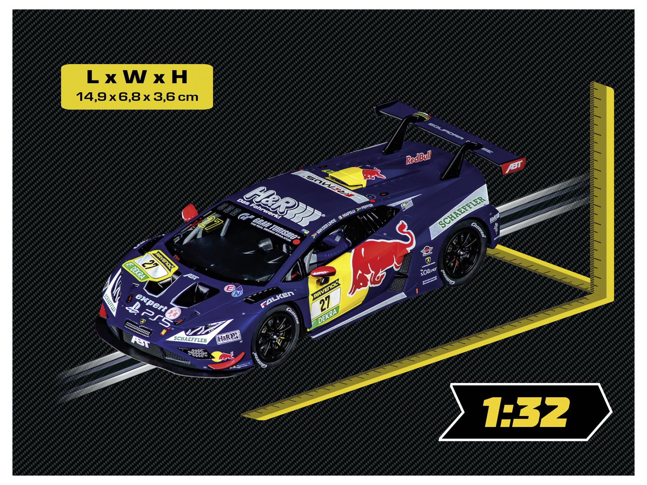 Ein Scale-Modell-Auto mit 'Red Bull' Branding wird gezeigt, mit den Abmessungen 14,9 x 6,8 x 3,6 cm. Eine Skalierungsnotation von 1:32 wird angezeigt.