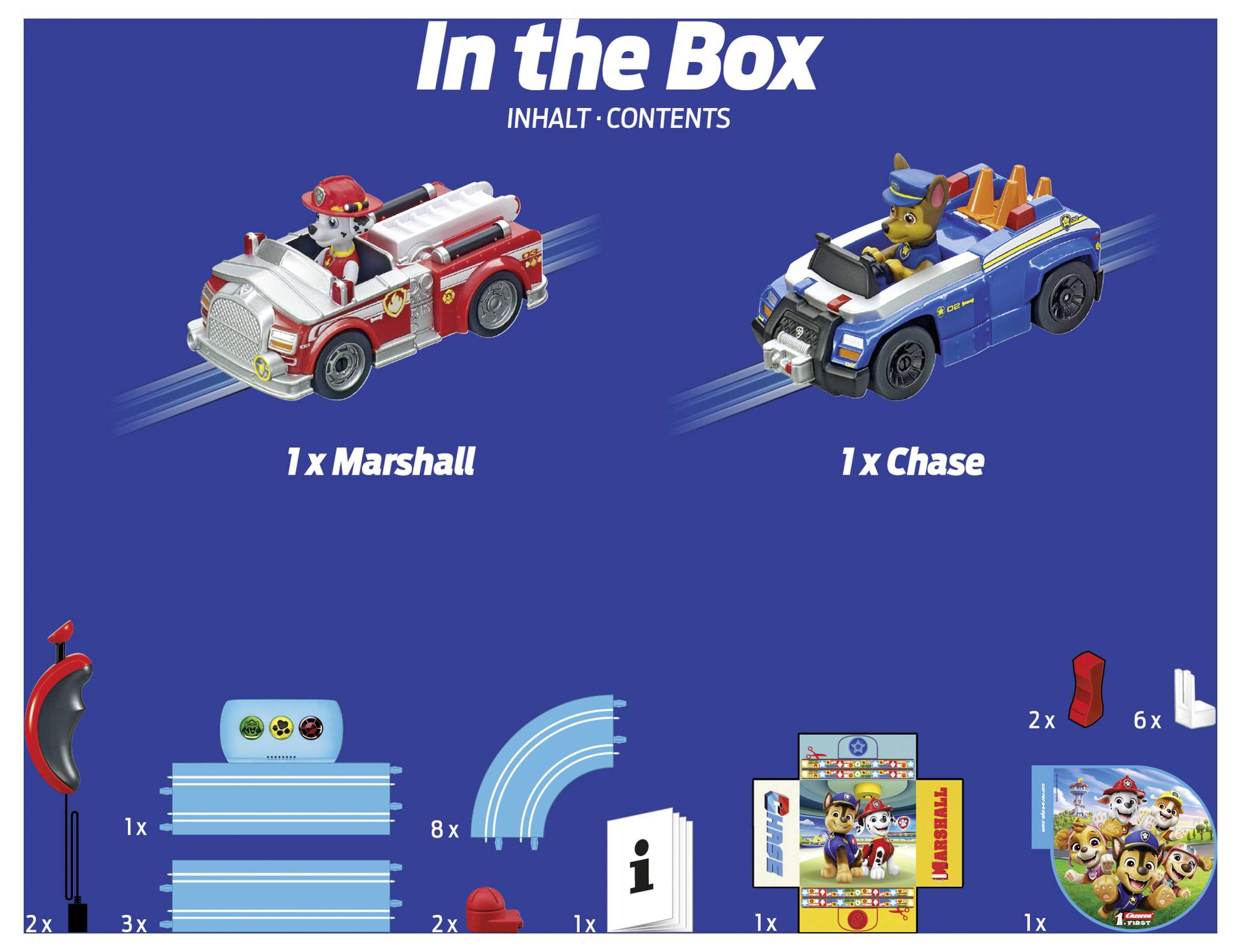Im Set enthalten sind ein Spielzeug-Feuerwehrauto mit Marshall, ein Polizeiauto mit Chase sowie Zubehör wie Rampen, Strecken und Figuren.