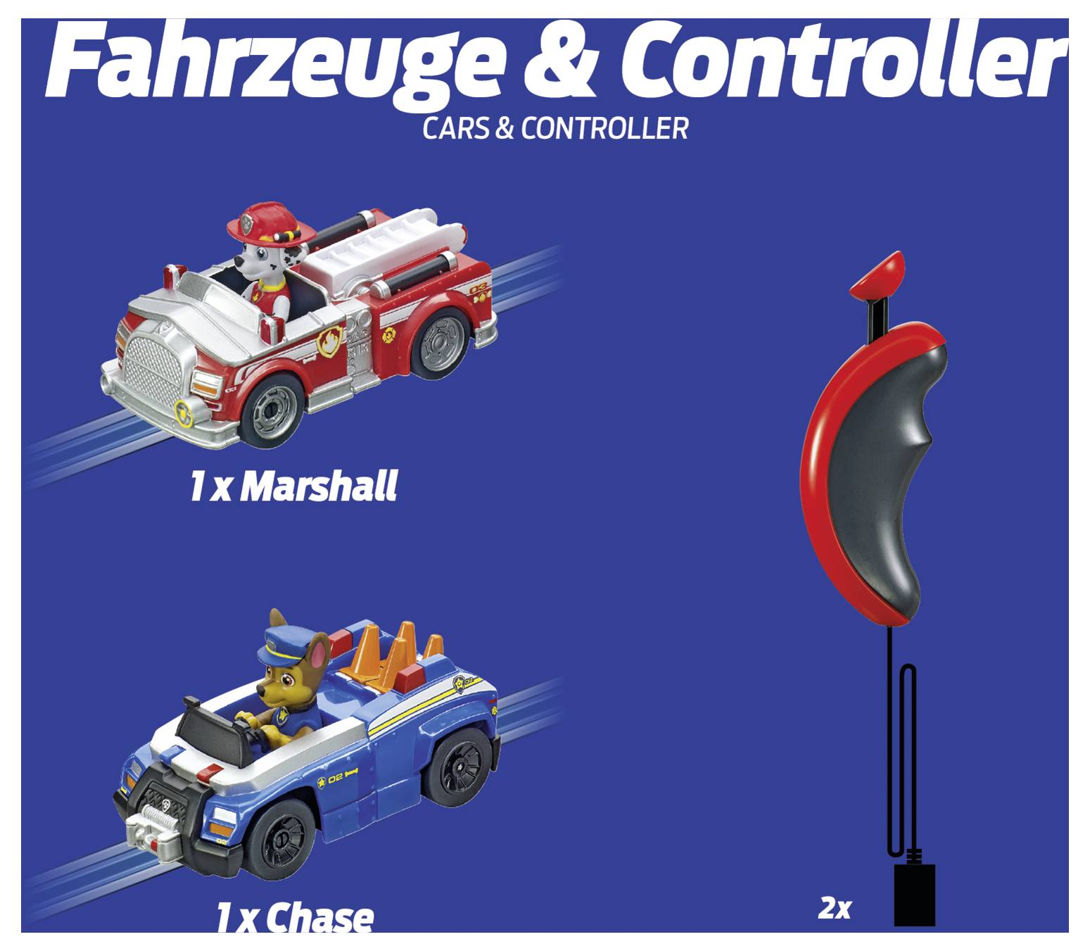 'Fahrzeuge & Controller' enthält einen Spielzeug-Feuerwehrwagen mit '1x Marshall', ein Spielzeug-Polizeiauto mit '1x Chase' und einen rot-schwarzen Controller mit der Beschriftung '2x'.