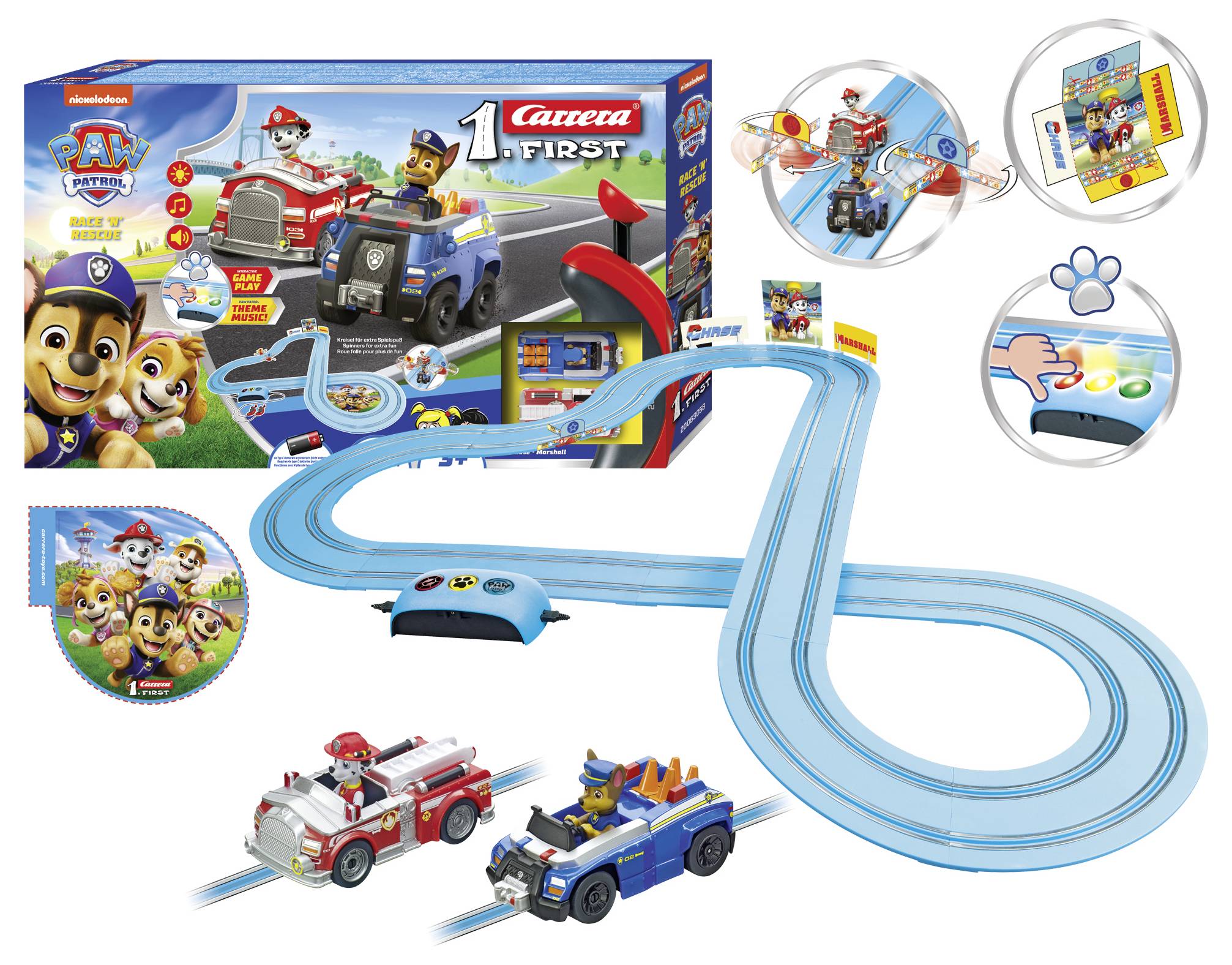 "PAW Patrol" Rennstrecken-Spielset mit Chase und Marshall Fahrzeugen, Streckenaufbau und Steuerung. Geeignet für kleine Kinder.