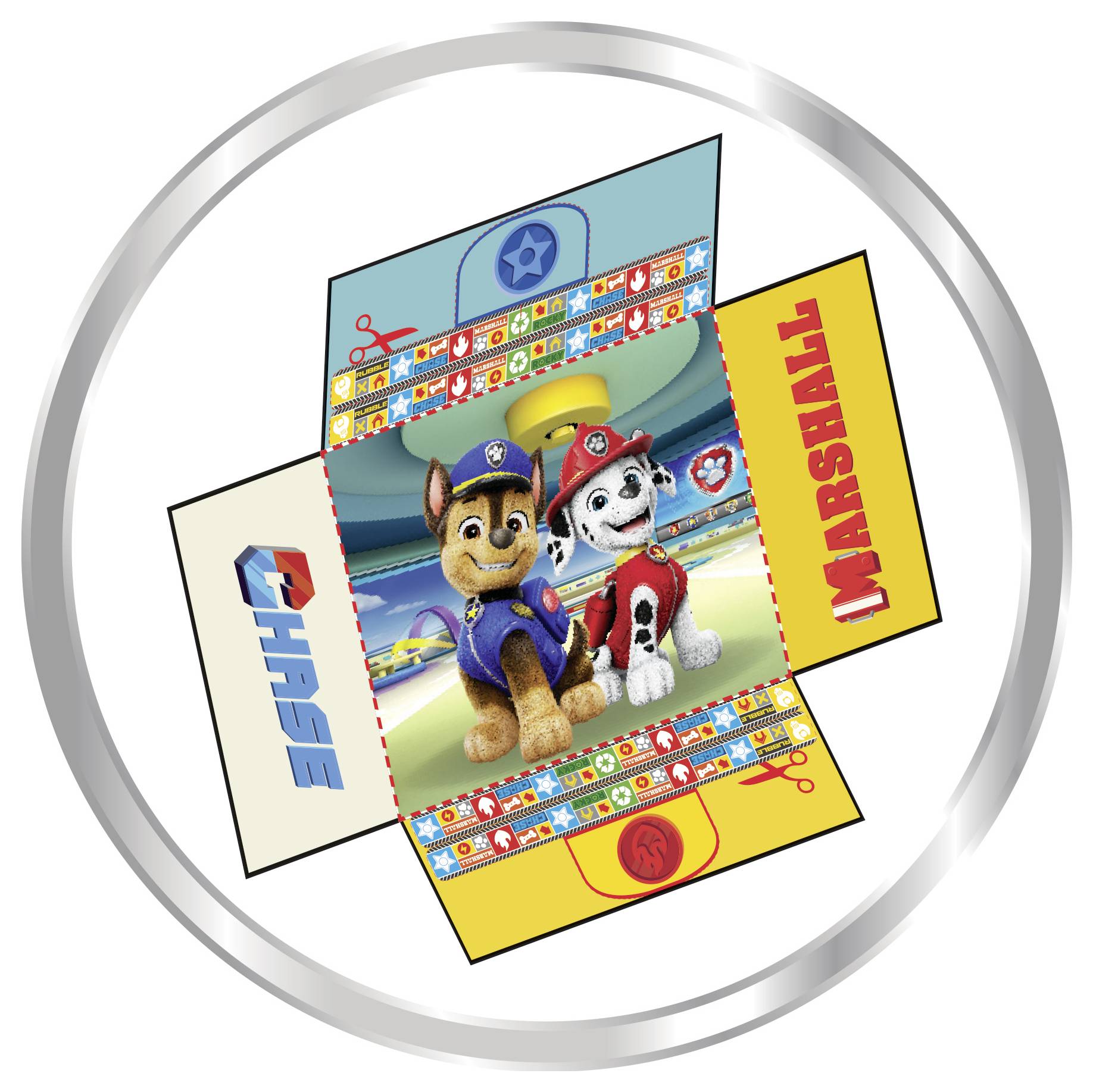 Layout einer "Paw Patrol" Themenbox mit Chase und Marshall, die in einem hellen Arena-Ambiente lächeln, mit blauen und roten Seitenpanels, die ihre Namen tragen.